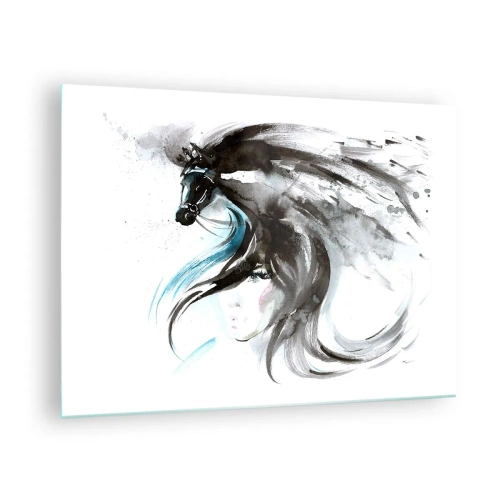 Glass picture - Portrait of a woman and a horse in an artistic, dynamic composition - 70x50cm - Gallop of a Black Prince - Modern wall decoration for the living room and bedroom ARTTOR