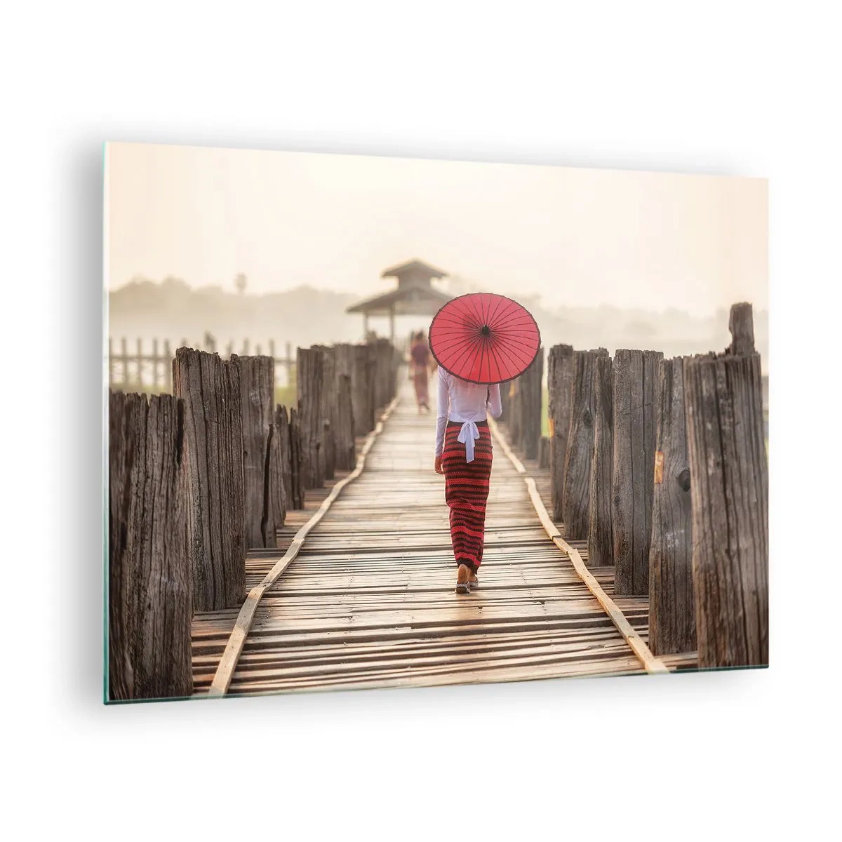 Glass picture - A woman with a red umbrella on a wooden bridge - 70x50cm - On an Old Bridge - Modern wall decoration for the living room and bedroom ARTTOR