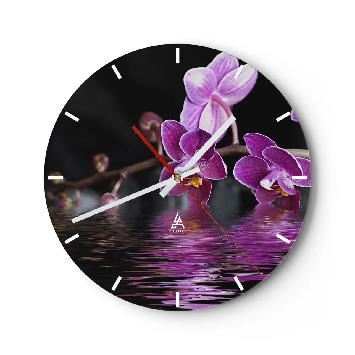Wall clock - Clock on glass - Pink orchids reflected in water on a black background - 30x30cm - Lilac Reflection of Beauty - Modern wall decoration for the living room, kitchen, and bedroom ARTTOR