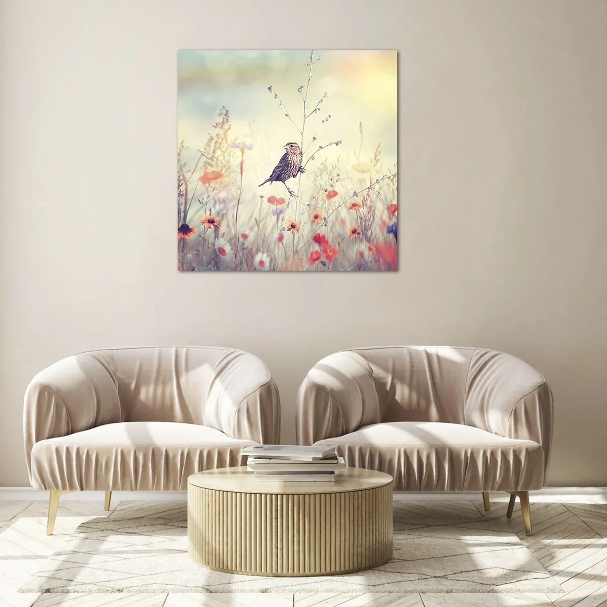 Glass picture - Bird Portrait with a Meadow in the Background - 60x60 cm