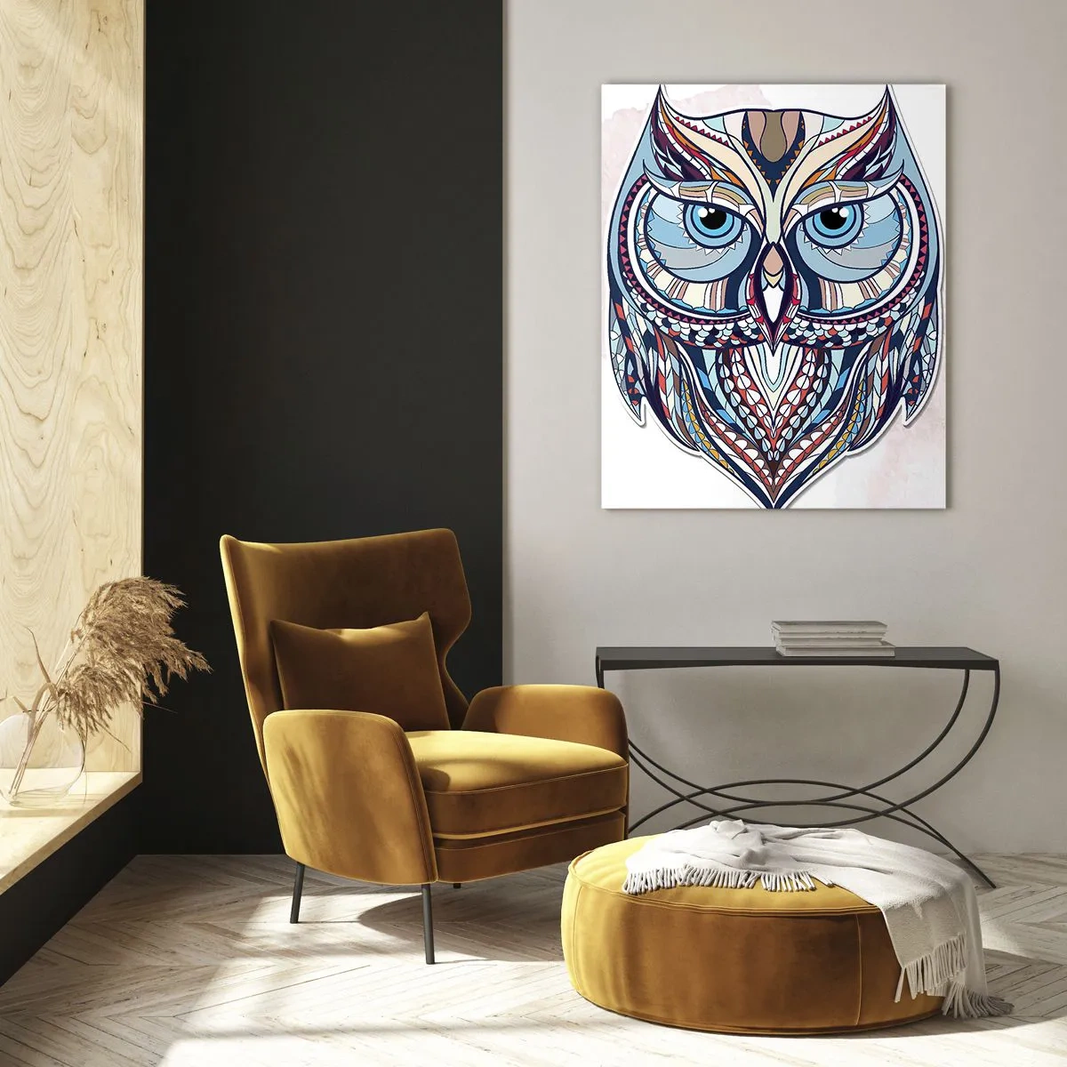 Glass picture - Ornamental Owl - 70x100 cm