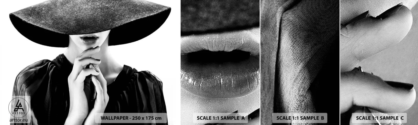 Photo Wallpaper Sample Standard Eco - Hidden Beauty - Woman In A Hat, Women's Hands, Fashion - 100x30 cm