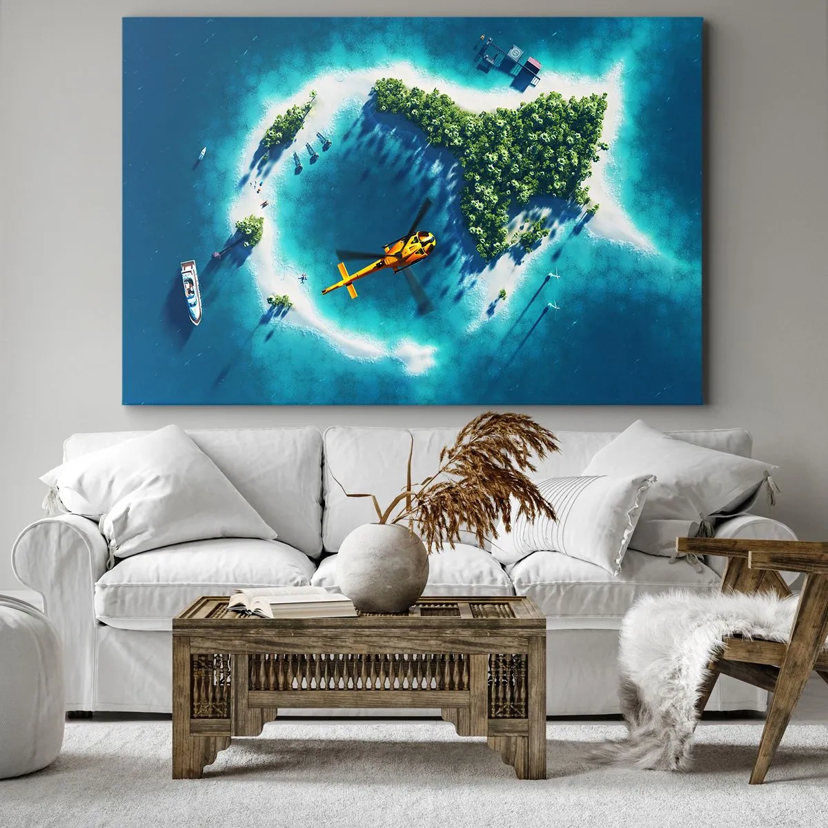 Canvas picture - A tropical island surrounded by turquoise water with a helicopter in sight - 70x50cm - Get Yourself an Island - Modern wall decoration for the living room and bedroom ARTTOR