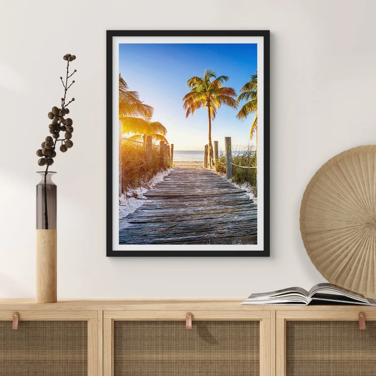 Poster in black frame - Wooden path to the beach with palm trees in the sunlight - 50x70cm - Straight to Paradise - Modern wall decoration for the living room and bedroom ARTTOR