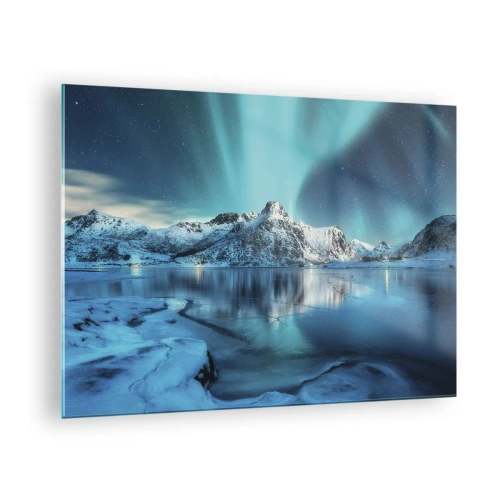 Glass picture - Aurora Borealis over the snow-capped mountains - 70x50cm - The Night of Light - Modern wall decoration for the living room and bedroom ARTTOR