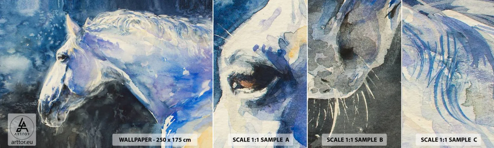 Photo Wallpaper Sample Self-Adhesive Deluxe Sticker - Portrait in Blue Light - Horse, Painting, Animals - 100x30 cm