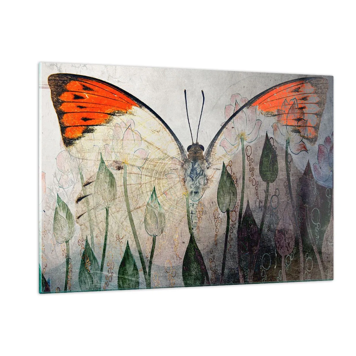 Glass picture - When a Butterfly is Swinging on the Grass - 120x80 cm