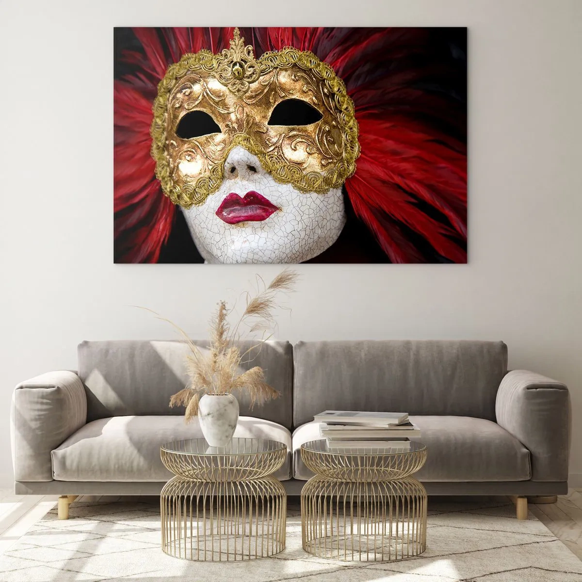 Glass picture - Gold carnival mask with red feathers - 70x50cm - Promise Of Carnival Adventure - Modern wall decoration for the living room and bedroom ARTTOR