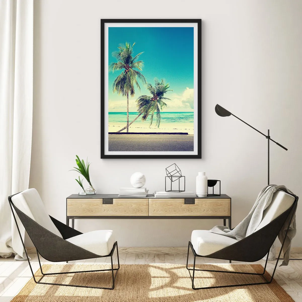 Poster in black frame - Two palm trees on the beach with a blue sky - 50x70cm - Holiday Time - Modern wall decoration for the living room and bedroom ARTTOR