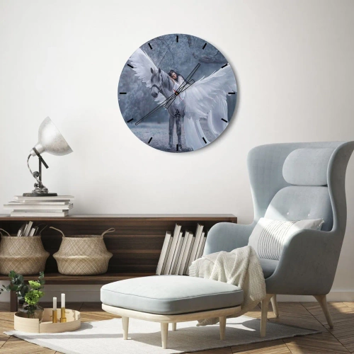 Wall clock - Clock on glass - A woman by a white horse with spread wings - 30x30cm - Inspired Moment - Modern wall decoration for the living room, kitchen, and bedroom ARTTOR