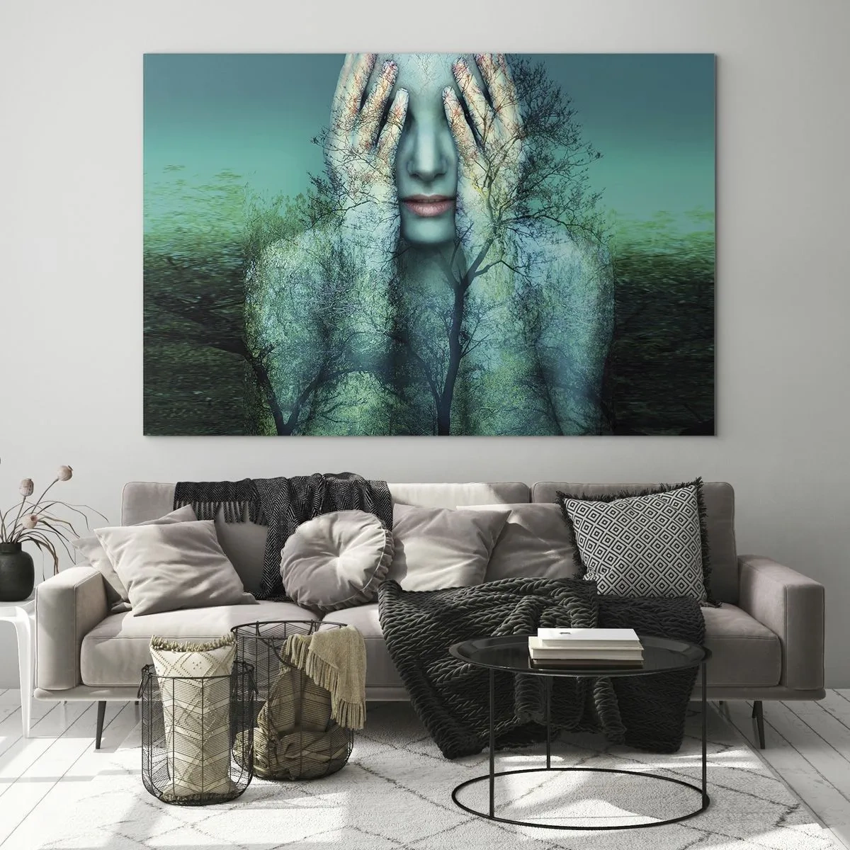 Glass picture - A woman's face with a tree motif in a surreal setting - 70x50cm - Submerged in Blue - Modern wall decoration for the living room and bedroom ARTTOR