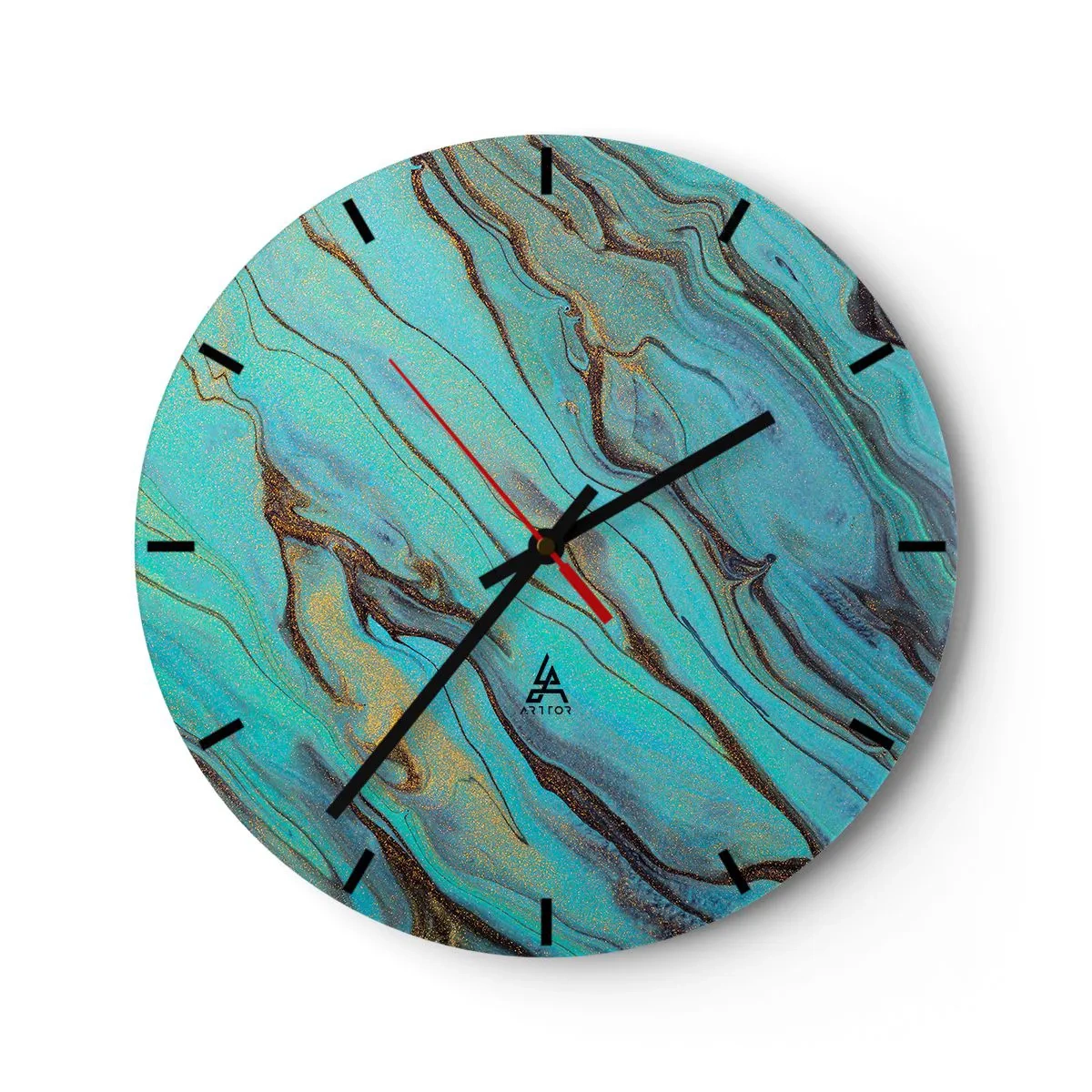 Wall clock - Clock on glass - Turquoise and gold marbled waves - 30x30cm - Turquoise Tide - Modern wall decoration for the living room, kitchen, and bedroom ARTTOR