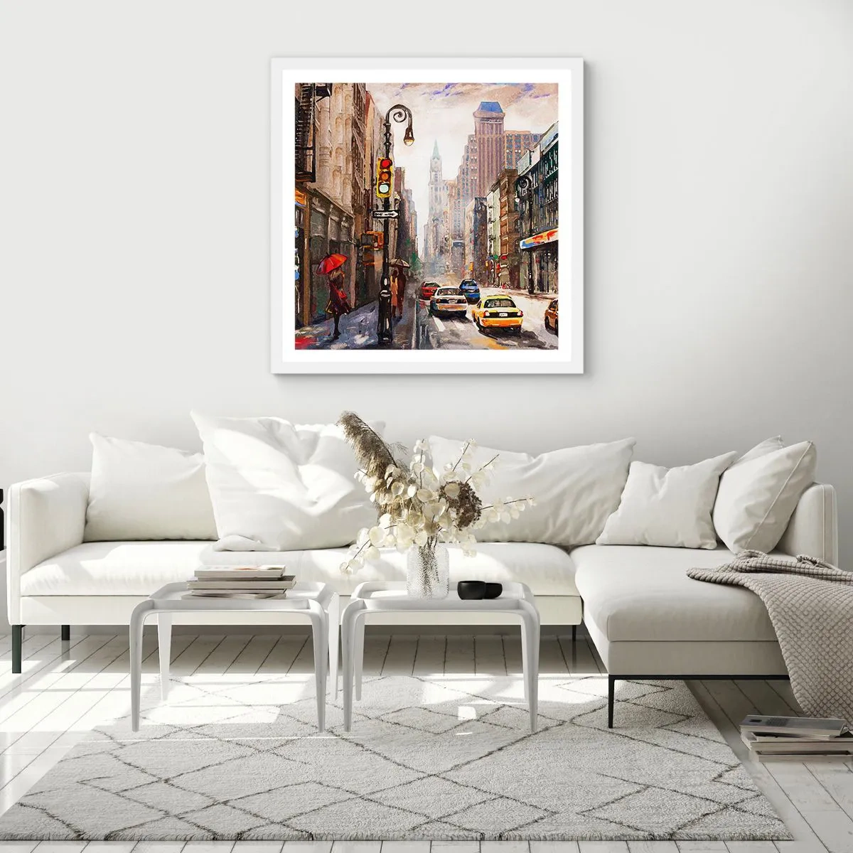 Poster in white frmae - New York - Colourful in Rain - 40x40 cm
