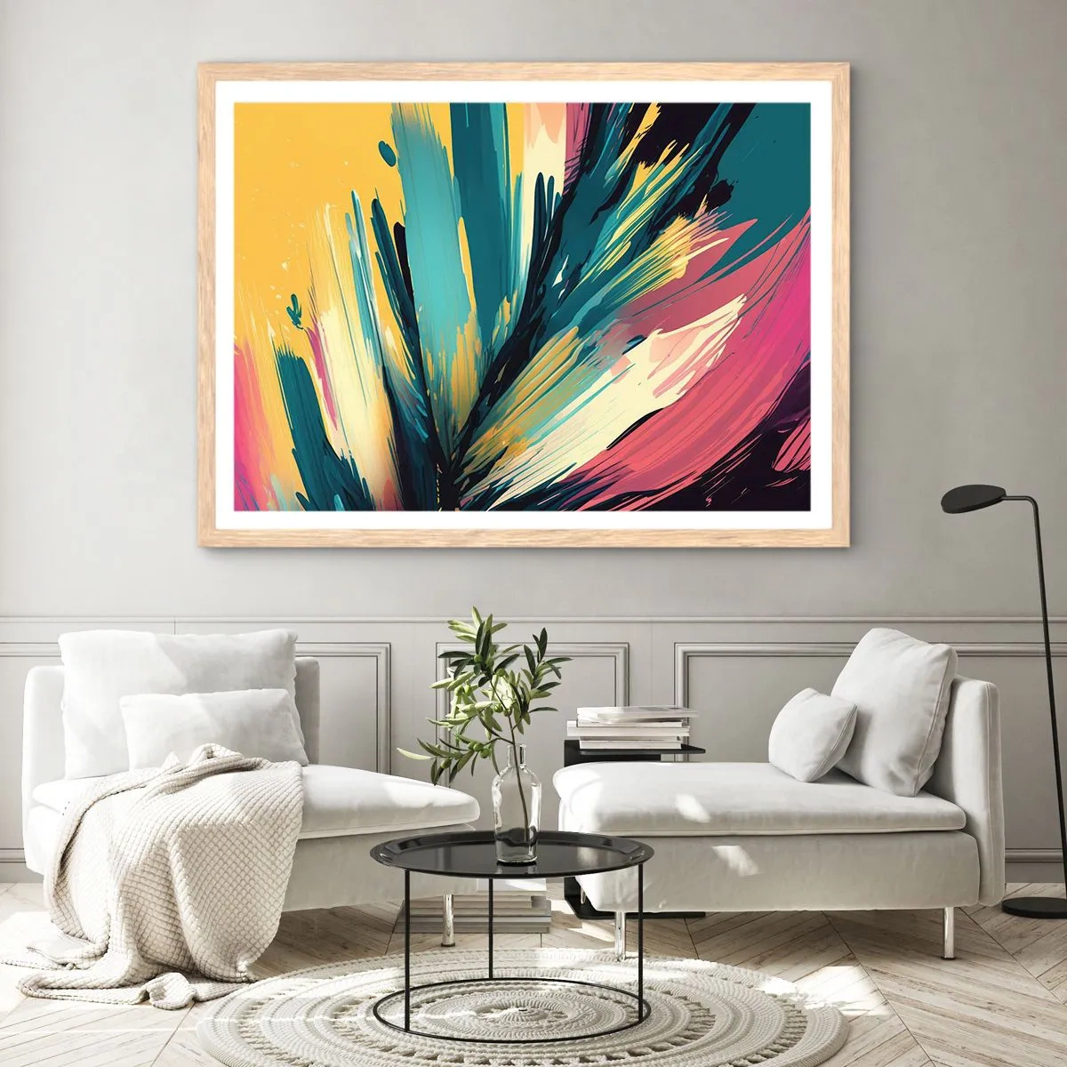 Poster in light oak frame - Composition -Explosion of Joy - 100x70 cm