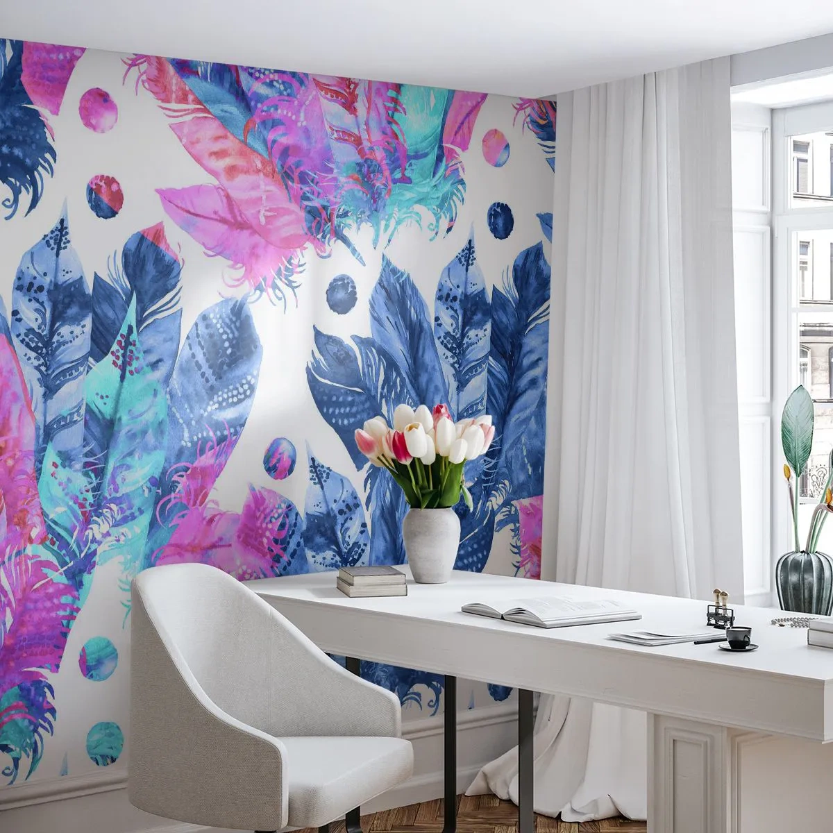 Photo Wallpaper Standard Eco - Pink and Blue Plumes - Bird feather, Colorful Illustration, Graphics - 250x175 cm
