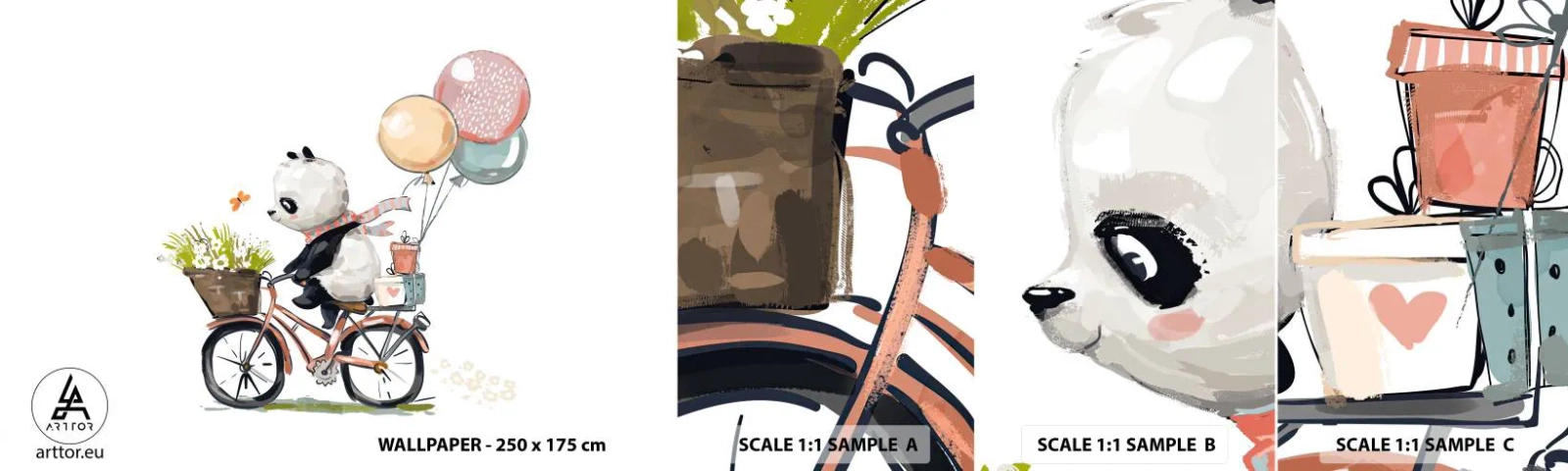 Photo Wallpaper Sample Standard Eco - Lucky Day - For children, Panda On A Bike, Abstraction - 100x30 cm