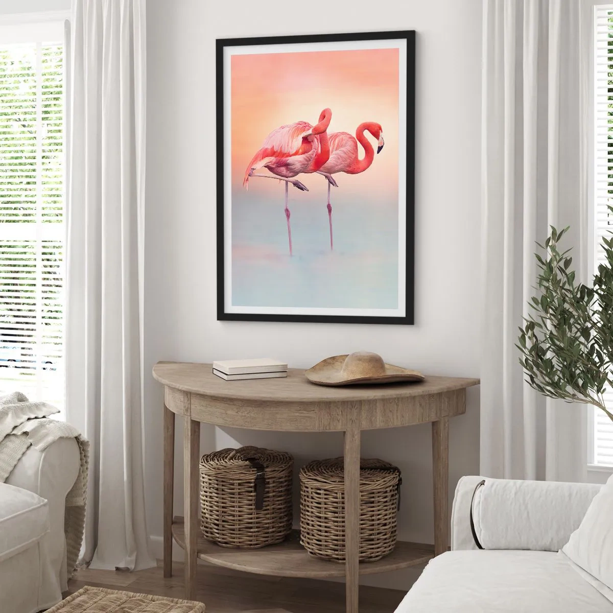 Poster in black frame - Flamingos against a pastel sunset background - 50x70cm - In the Colour Of Sunset - Modern wall decoration for the living room and bedroom ARTTOR