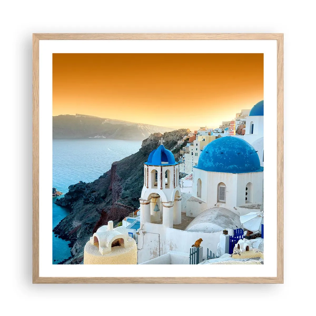 Poster in light oak frame - Santorini - Snuggling up to the Rocks - 60x60 cm