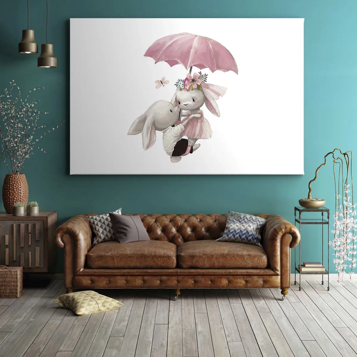 Canvas picture - Cute bunnies under a pink umbrella - 70x50cm - This Is Love - Modern wall decoration for the living room and bedroom ARTTOR