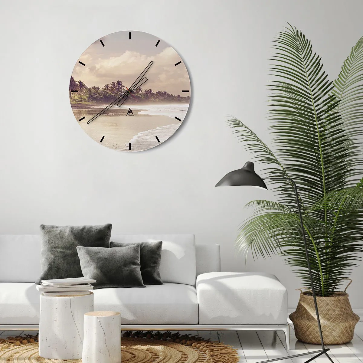 Wall clock - Clock on glass - A beach with palm trees and gentle waves at dusk - 30x30cm - Caress of the Waves - Modern wall decoration for the living room, kitchen, and bedroom ARTTOR