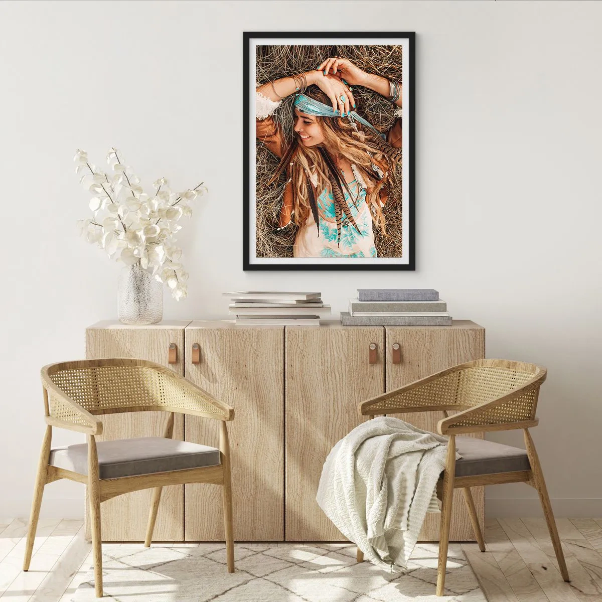 Poster in black frame - A boho-style woman with dreadlocks and ornaments against a background of dry grass. - 50x70cm - On the Way to the Summer of Love - Modern wall decoration for the living room and bedroom ARTTOR
