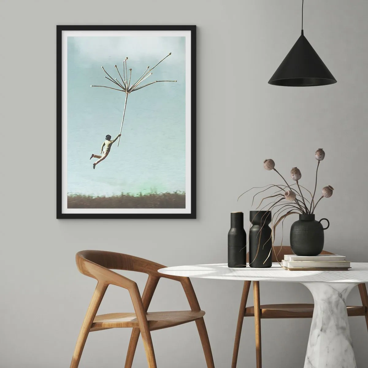 Poster in black frame - Kites, Dandelions, Wind - 40x50 cm