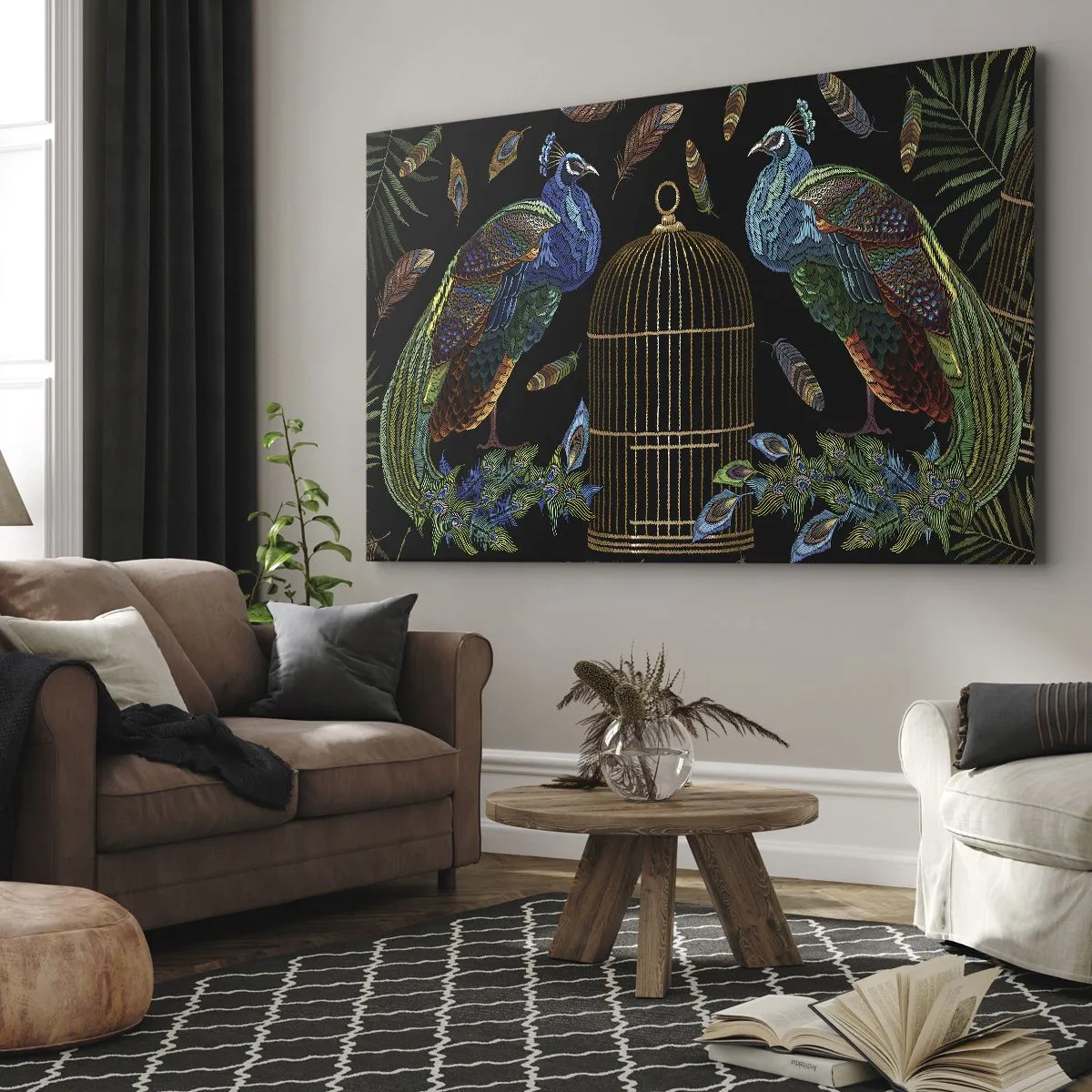 Canvas picture - Peacocks next to a golden cage on a black background - 70x50cm - In Royal Robes - Modern wall decoration for the living room and bedroom ARTTOR