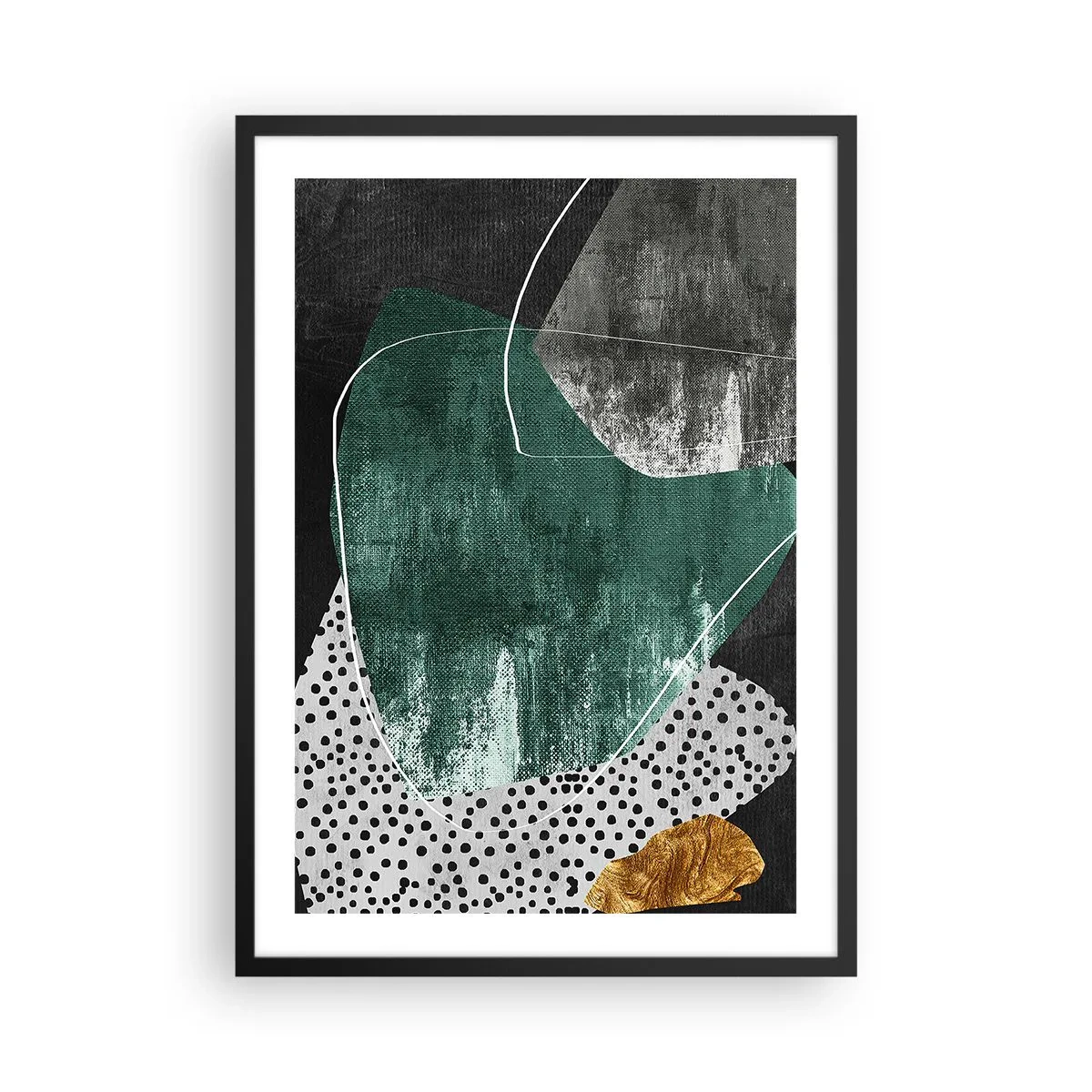 Poster in black frame - Abstract composition in green and gold - 50x70cm - Colourful Abstract with a Golden Petal - Modern wall decoration for the living room and bedroom ARTTOR