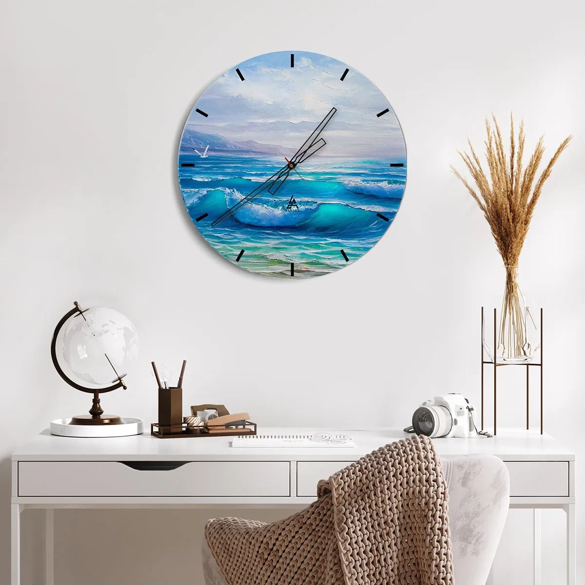 Wall clock - Clock on glass - Sea waves against the sky with a delicate landscape in the distance - 30x30cm - It Brings Bliss - Modern wall decoration for the living room, kitchen, and bedroom ARTTOR