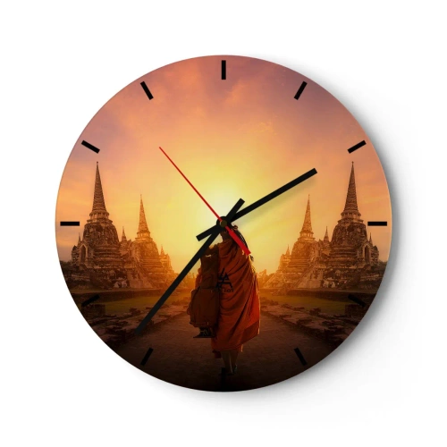 Wall clock - Clock on glass - A monk in a saffron robe surrounded by temples at sunset - 30x30cm - In Peace through Eternity - Modern wall decoration for the living room, kitchen, and bedroom ARTTOR