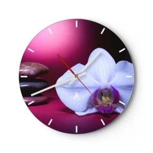 Wall clock - Clock on glass - A white orchid against a background of stones and purple - 30x30cm - Study of Freshness in Purple - Modern wall decoration for the living room, kitchen, and bedroom ARTTOR