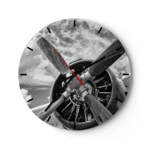 Wall clock - Clock on glass - Airplane propeller engine in black and white - 30x30cm - Conquerer of the Skies - Modern wall decoration for the living room, kitchen, and bedroom ARTTOR