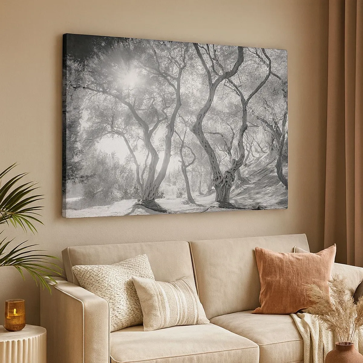 Canvas picture - Black and white view of trees in an olive grove with sun rays - 70x50cm - In an Olive Grove - Modern wall decoration for the living room and bedroom ARTTOR