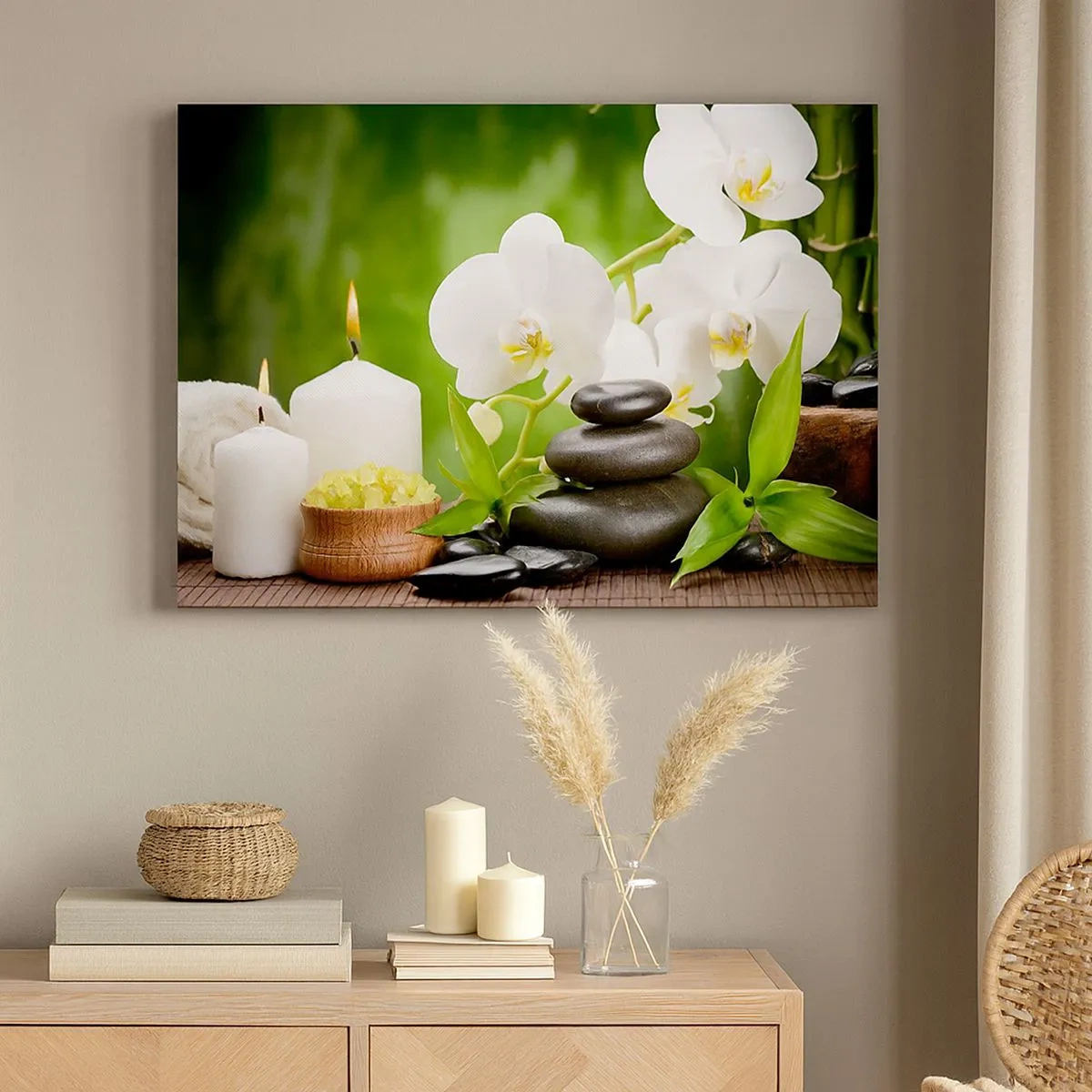 Canvas picture - Orchids, candles and stones surrounded by nature - 70x50cm - Fragrant, Flowery, Delicate Touch - Modern wall decoration for the living room and bedroom ARTTOR