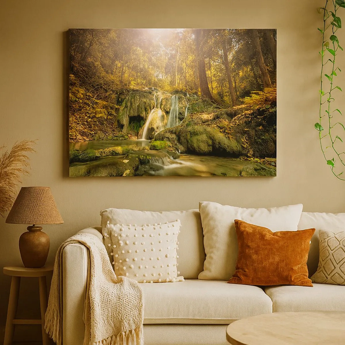 Canvas picture - A forest waterfall in the sun's rays, surrounded by greenery - 70x50cm - Forest Cascade in Green - Modern wall decoration for the living room and bedroom ARTTOR
