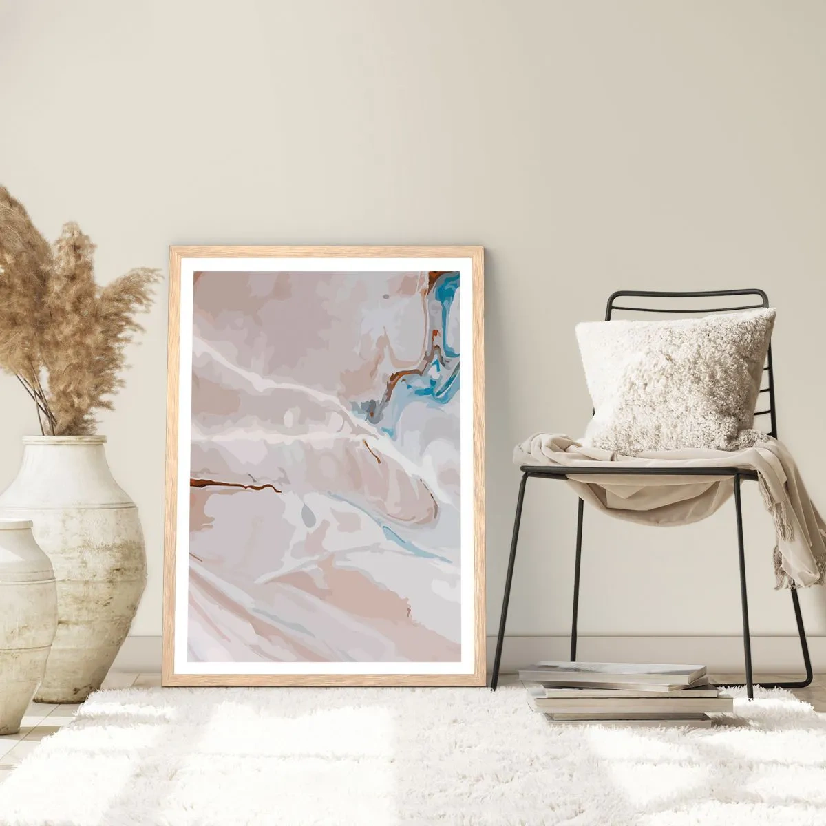 Poster in light oak frame - Blue Meanders under White - 70x100 cm