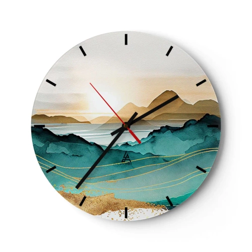 Wall clock - Clock on glass - Sunset over an abstract mountain landscape - 30x30cm - On the Verge of Abstract - Landscape - Modern wall decoration for the living room, kitchen, and bedroom ARTTOR