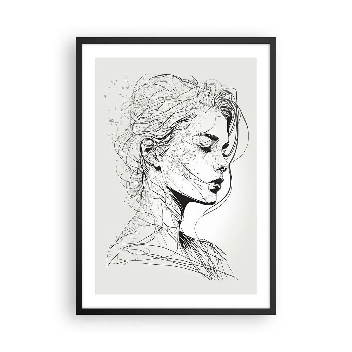 Poster in black frame - A sketch of a woman with flowing hair, created in a minimalist style. - 50x70cm - Portrait in Thoughts - Modern wall decoration for the living room and bedroom ARTTOR