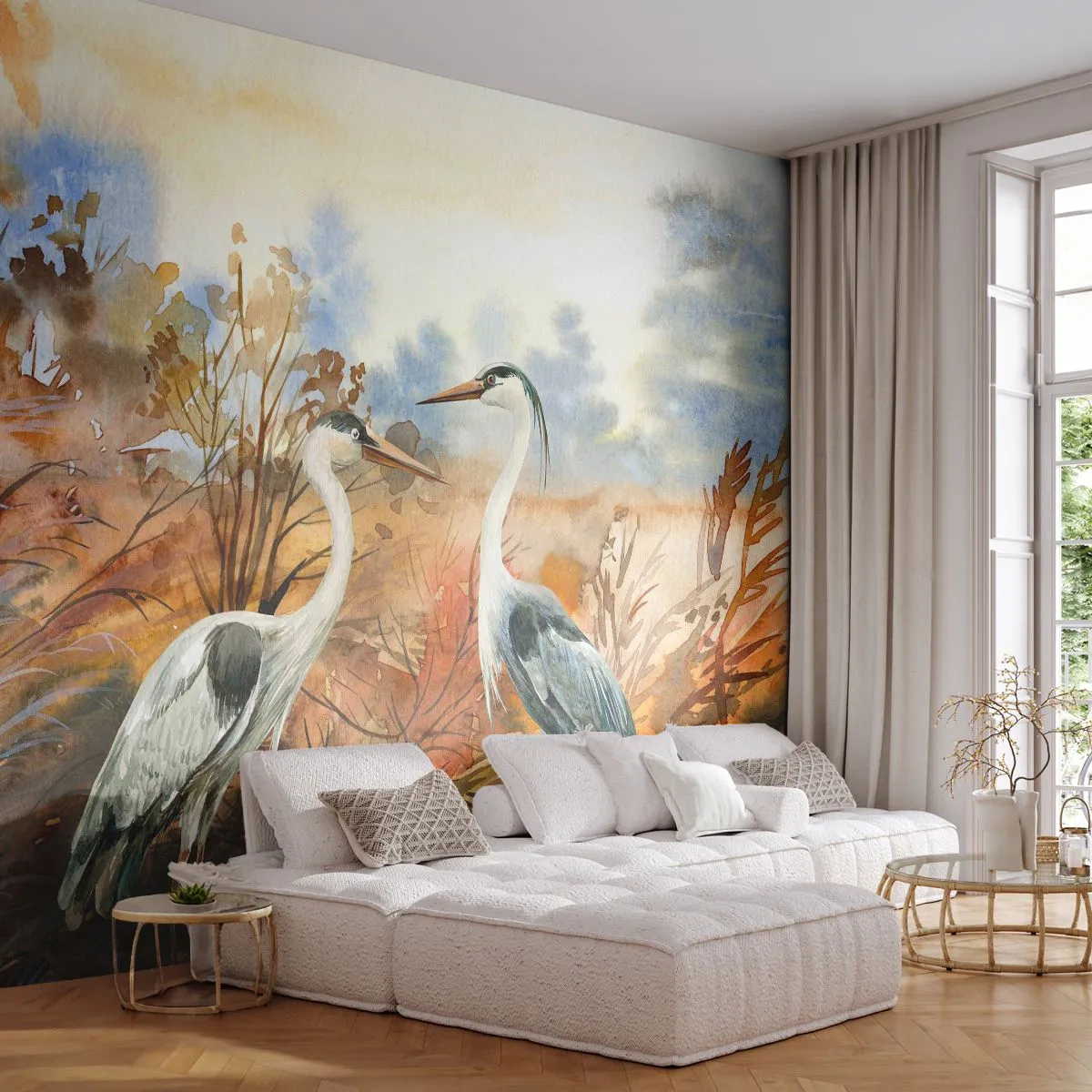 Photo Wallpaper Premium Canvas - Where to in Autumn? - Crane, Birds, Nature - 350x256 cm