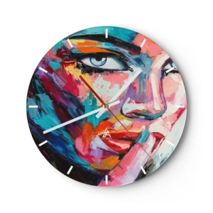 Wall clock - Clock on glass - Portrait of a woman in an abstract style with vivid colors - 30x30cm - Our First Secret - Modern wall decoration for the living room, kitchen, and bedroom ARTTOR