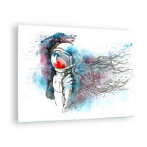 Glass picture - Astronaut in a dynamic watercolor space setting - 70x50cm - Alone In Space - Modern wall decoration for the living room and bedroom ARTTOR