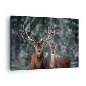 Canvas picture - Deer in a snow-covered winter forest - 70x50cm - Master of the Forest with His Wife - Modern wall decoration for the living room and bedroom ARTTOR
