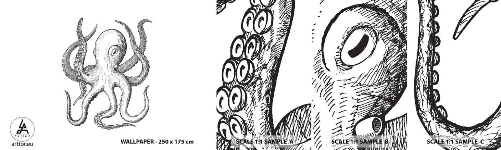 Photo Wallpaper Sample Self-Adhesive Deluxe Sticker - Dancing with the Waves - Octopus, Drawing, Seaside - 100x30 cm