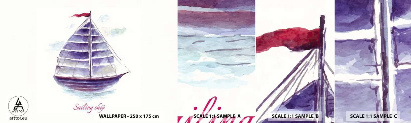 Photo Wallpaper Sample Standard Eco - Full Sails And Calm Waters - Sailboat, Seaside, Sea - 100x30 cm