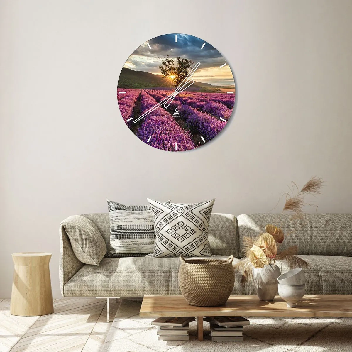 Wall clock - Clock on glass - lavender field at sunset with a lone tree - 30x30cm - Lilac Coloured Aroma - Modern wall decoration for the living room, kitchen, and bedroom ARTTOR