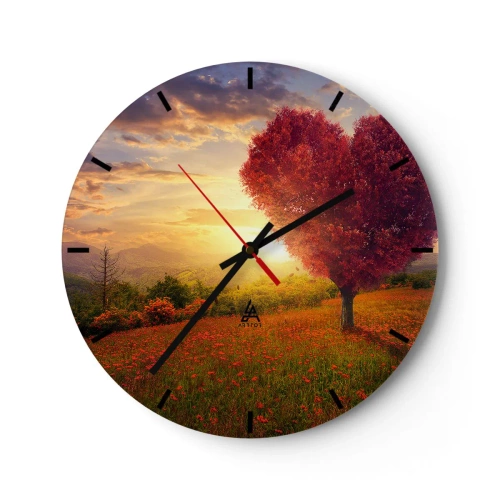 Wall clock - Clock on glass - Landscape with a red heart-shaped tree at sunset - 30x30cm - Heart Wrenching - Modern wall decoration for the living room, kitchen, and bedroom ARTTOR