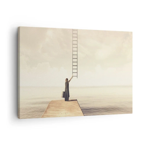 Canvas picture - A woman standing on a pier with a ladder leading up to the sky - 70x50cm - Magical Trip - Modern wall decoration for the living room and bedroom ARTTOR