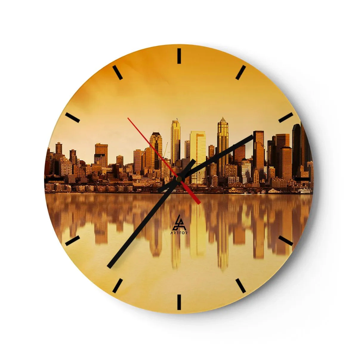 Wall clock - Clock on glass - City panorama reflected in the water at sunset - 30x30cm - Silence of a Metropoly - Modern wall decoration for the living room, kitchen, and bedroom ARTTOR