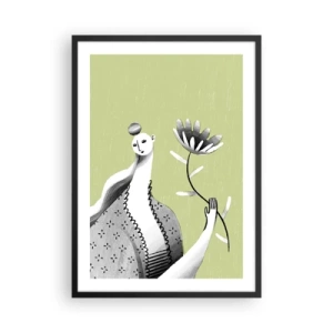 Poster in black frame - Minimalist woman holding a flower on a green background - 50x70cm - Modernist Portrait - Holding a FLower - Modern wall decoration for the living room and bedroom ARTTOR
