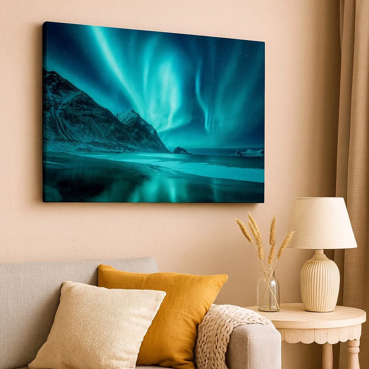 Canvas picture - Aurora Borealis over a mountainous winter landscape - 70x50cm - Miracles of the North - Modern wall decoration for the living room and bedroom ARTTOR